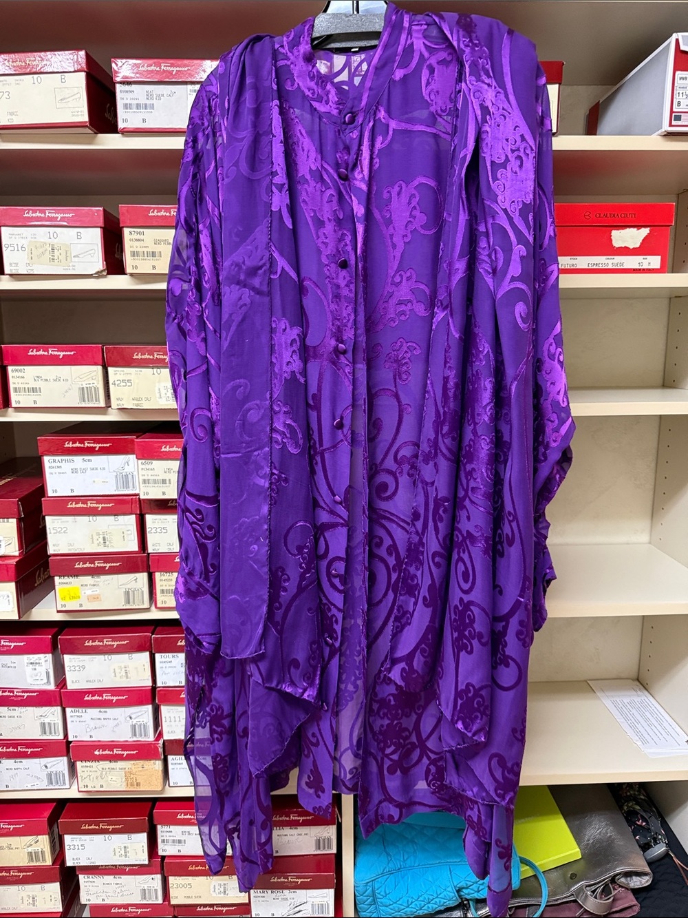 Eskandar royal purple patterned button-front silk blend Shirt and matching scarf